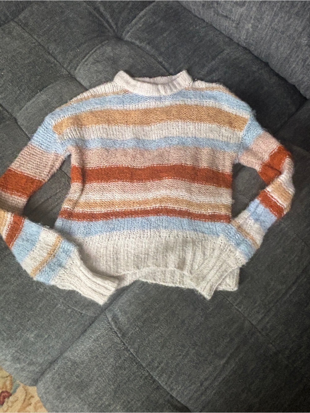 American Eagle Outfitters Cropped Striped Cowl Sweater in Cream, Blue & Rust